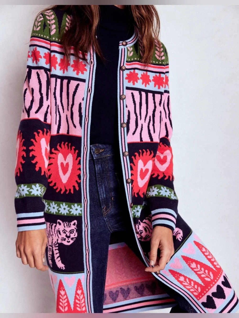 Boden Tigers Long Jacquard Cardigan Navy Pink Size S - Picture 2 of 10